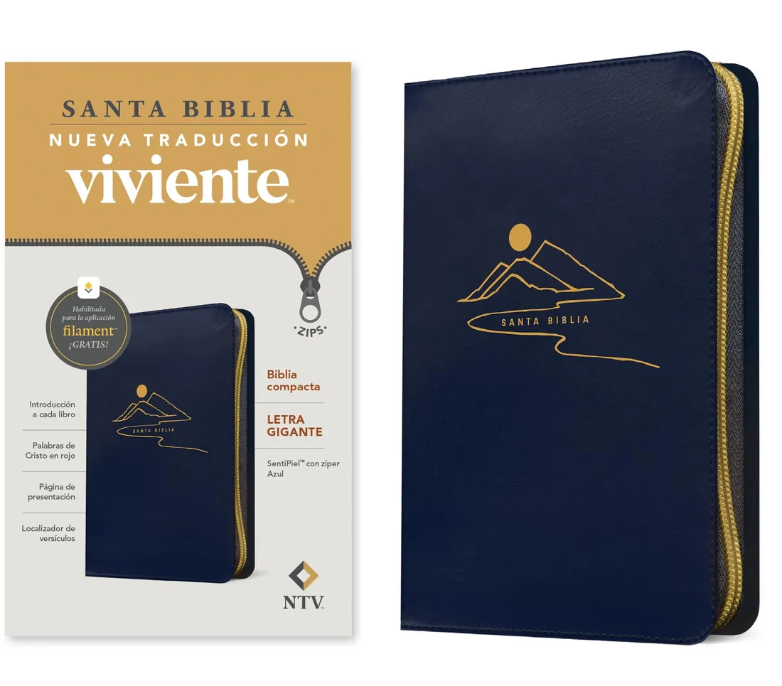 Biblia compacta NTV, letra gigante, con cremallera y Filament (SentiPiel azul, letra roja)