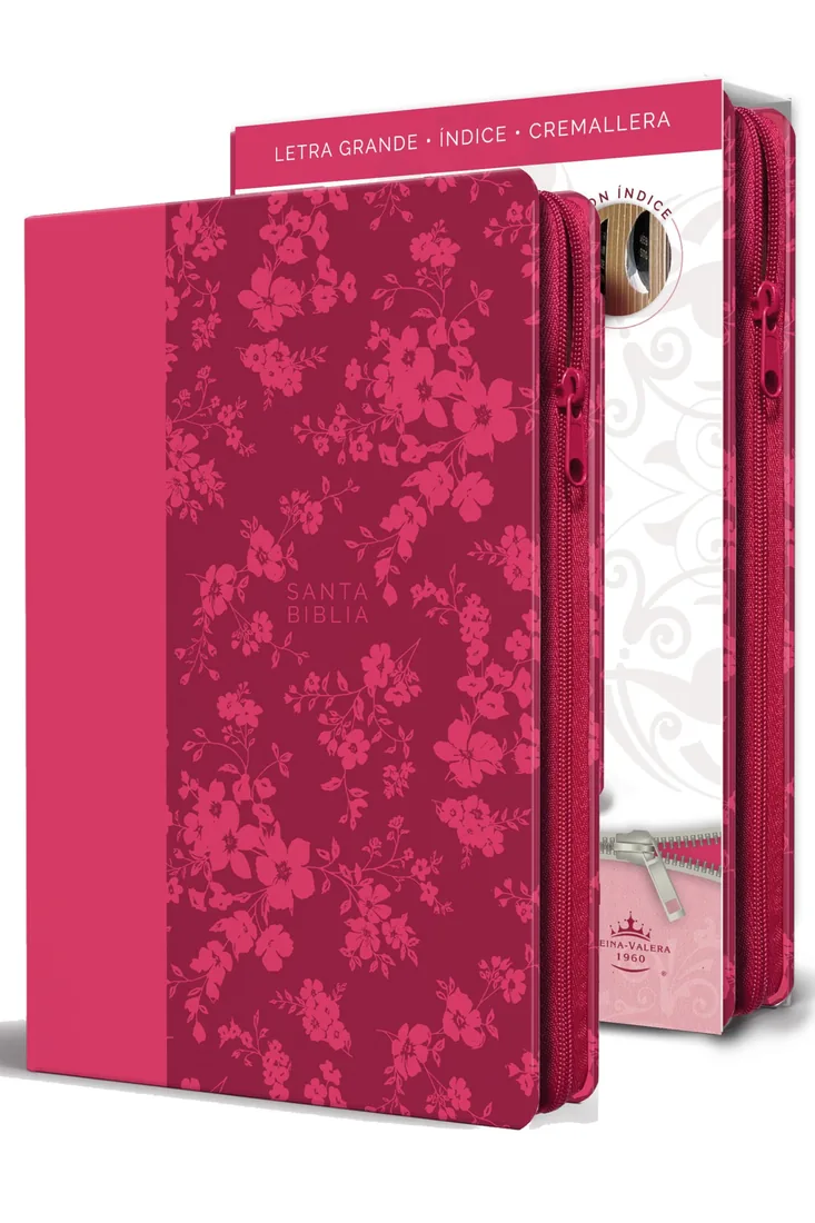 Biblia Reina-Valera 1960 letra grande, símil piel fucsia con cremallera e índice, tamaño manual